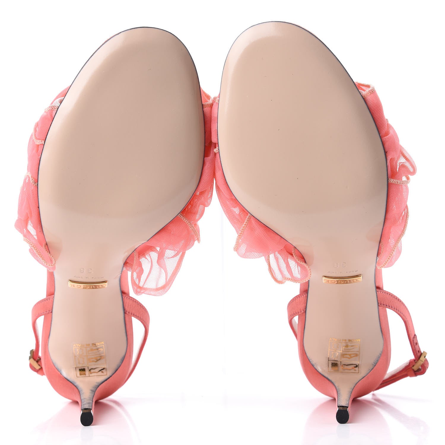 Gucci Tulle Ruffle Mid Heel Slingback Sandals 38 Peach White 5 of 14