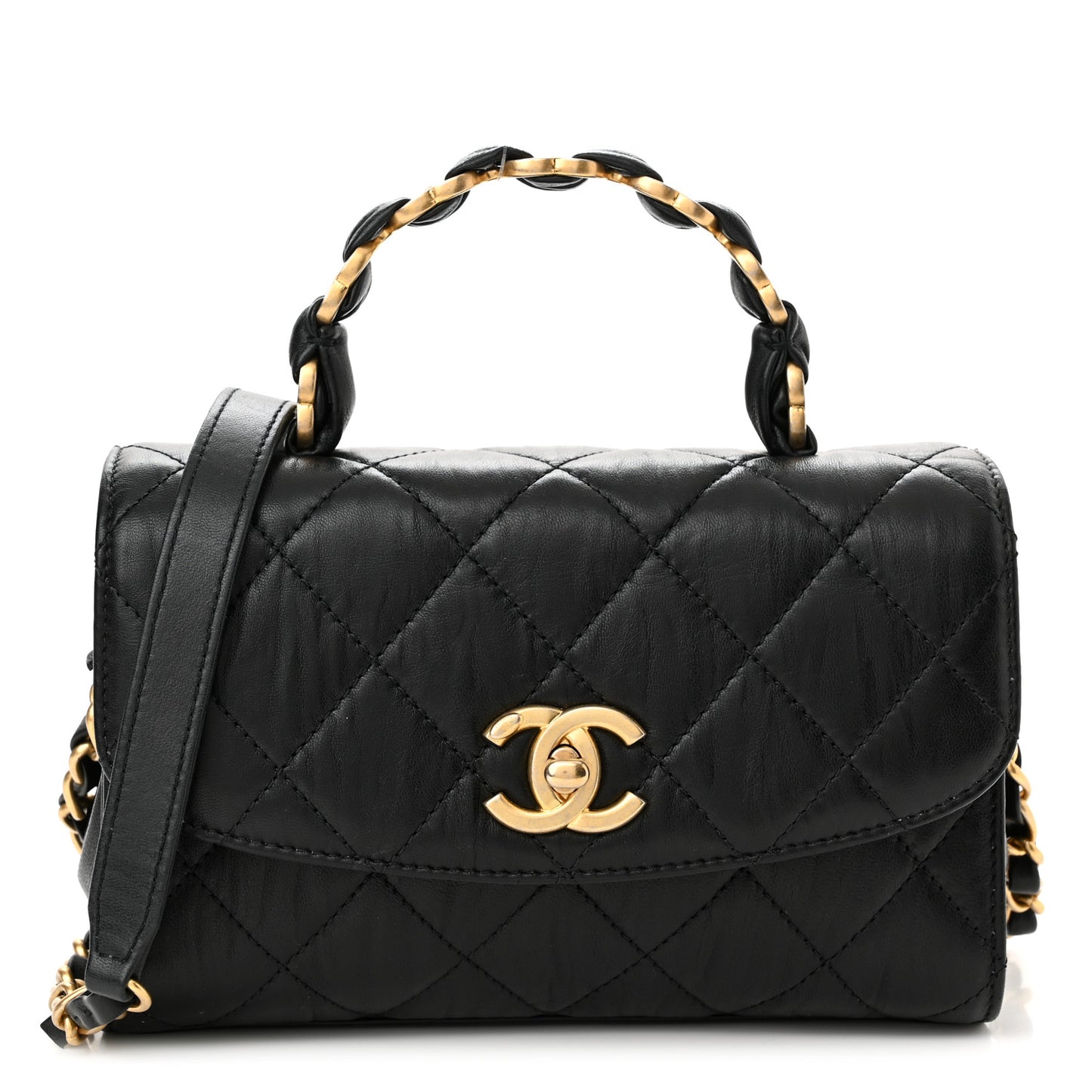 Crumpled Lambskin Quilted Mini CC Links Top Handle Flap Black