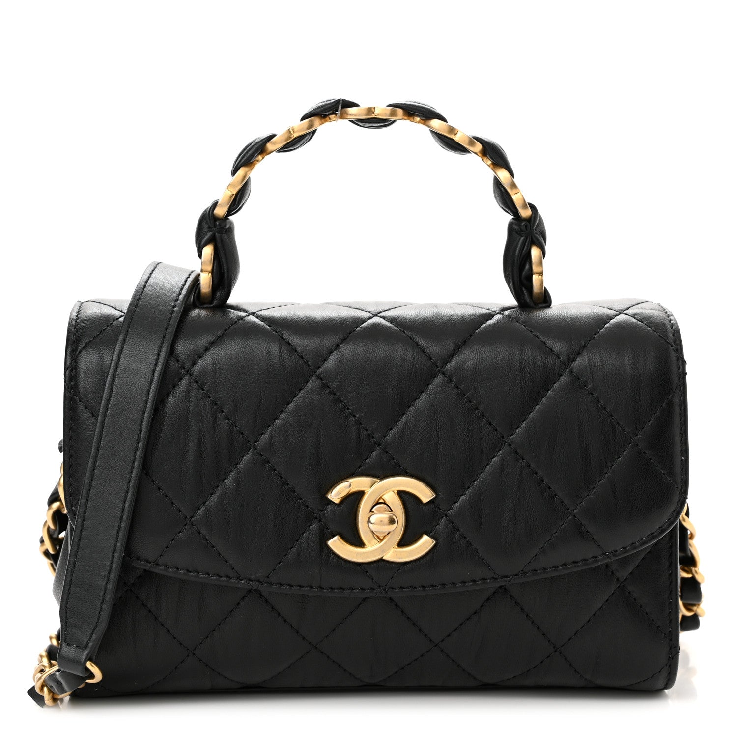 Chanel Crumpled Lambskin Quilted Mini CC Links Top Handle Flap Black 1 of 11