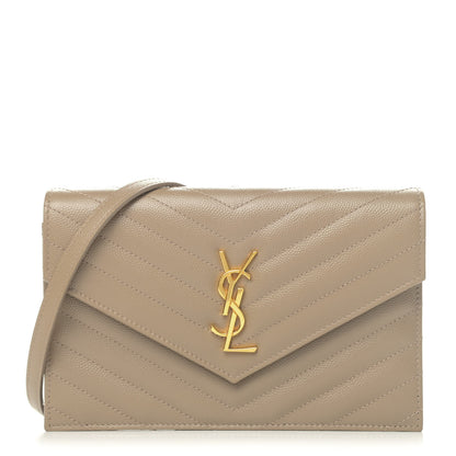 Saint Laurent Grain De Poudre Matelasse Chevron Monogram Envelope Chain Wallet Taupe 1 of 4