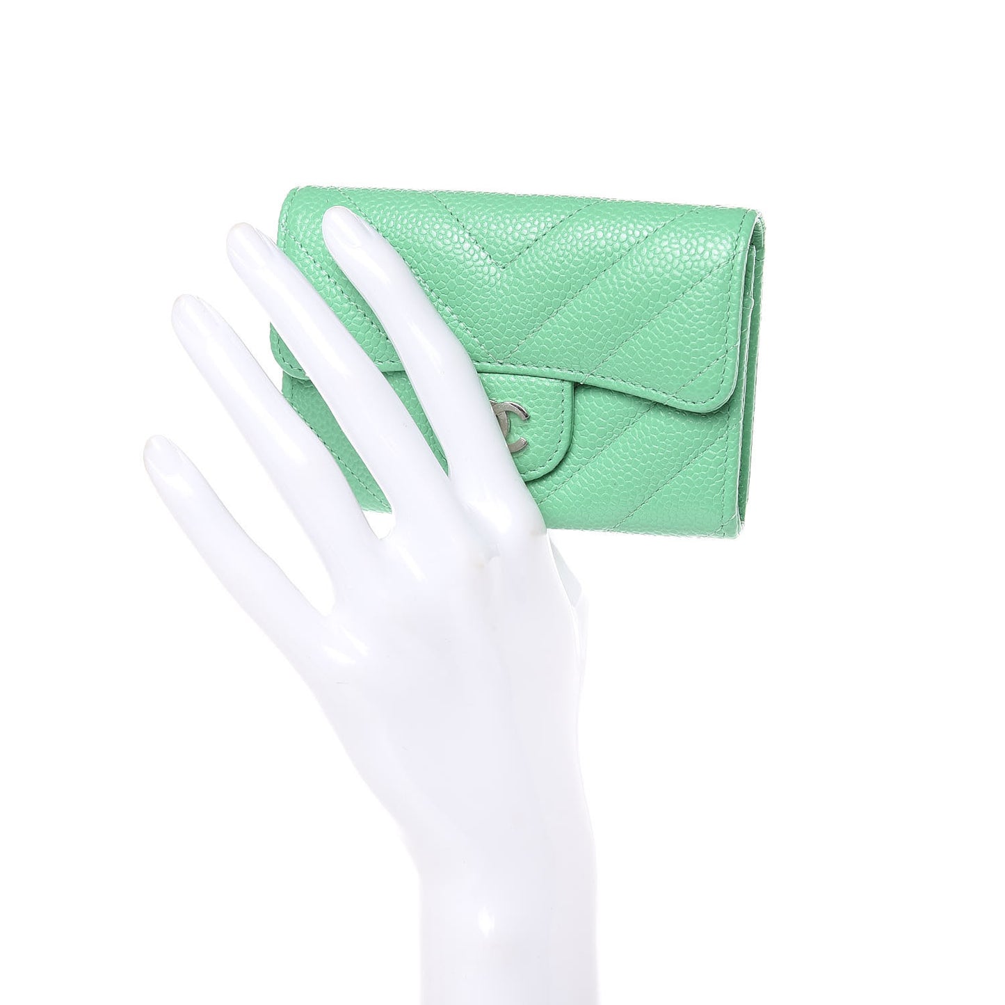 Caviar Chevron Quilted Flap Card Holder Green