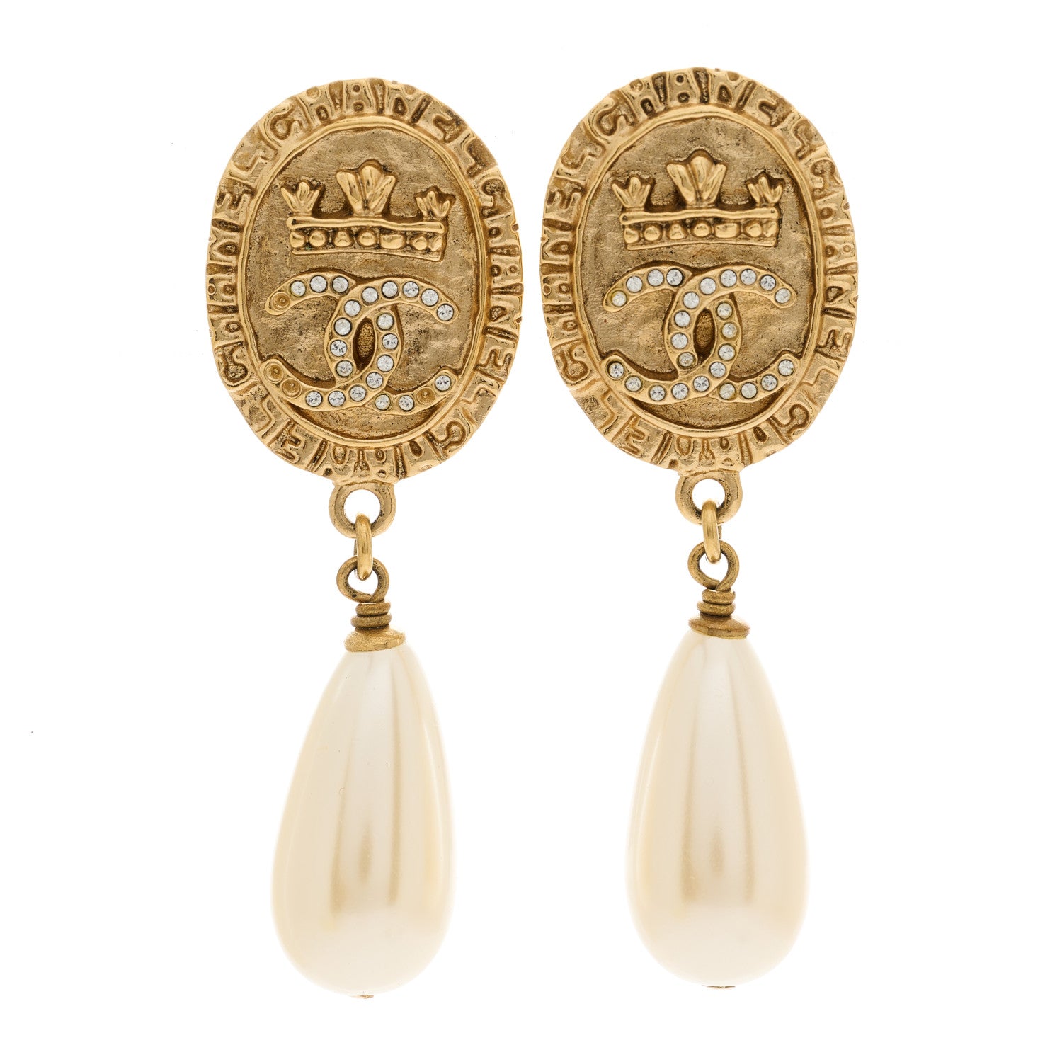 Chanel Crystal Pearl Crown CC Drop Earrings Gold 1 of 5