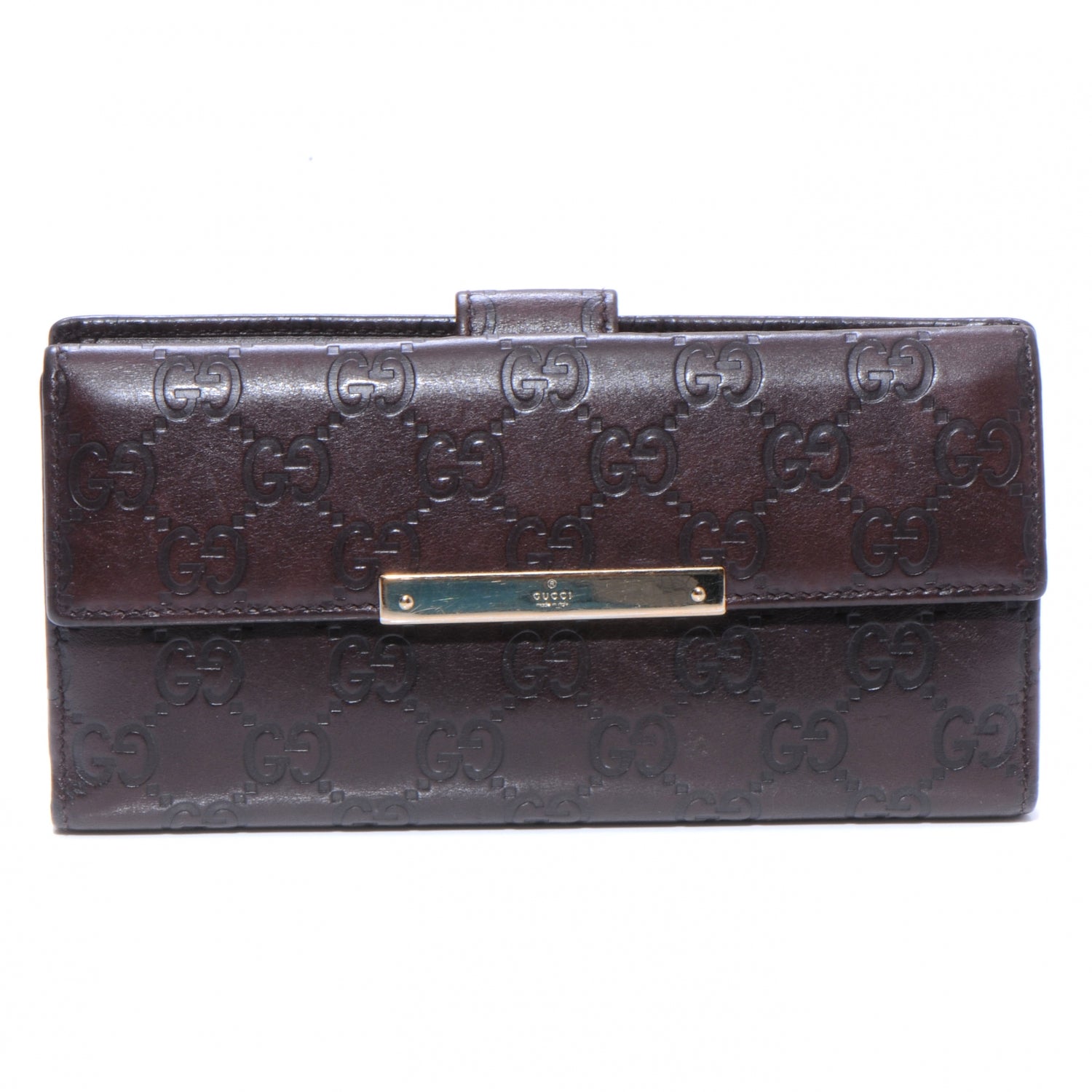 Gucci Guccissima Margaux Calfskin Metal Bar Continental Flap Wallet Chocolate 1 of 6