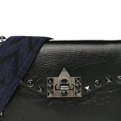 Valentino Garavani Craquele Calfskin Small Guitar Strap Rockstud Rolling Shoulder Flap Bag Black 8 of 11