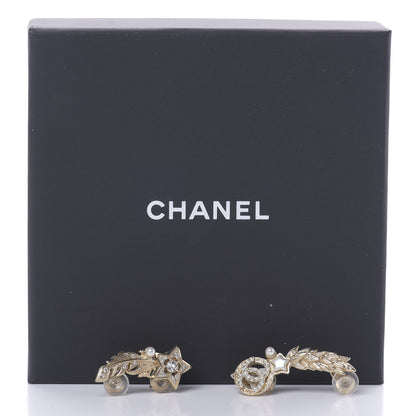 Chanel Resin Crystal Pearl Feather Star CC Clip On Earrings Gold 5 of 5