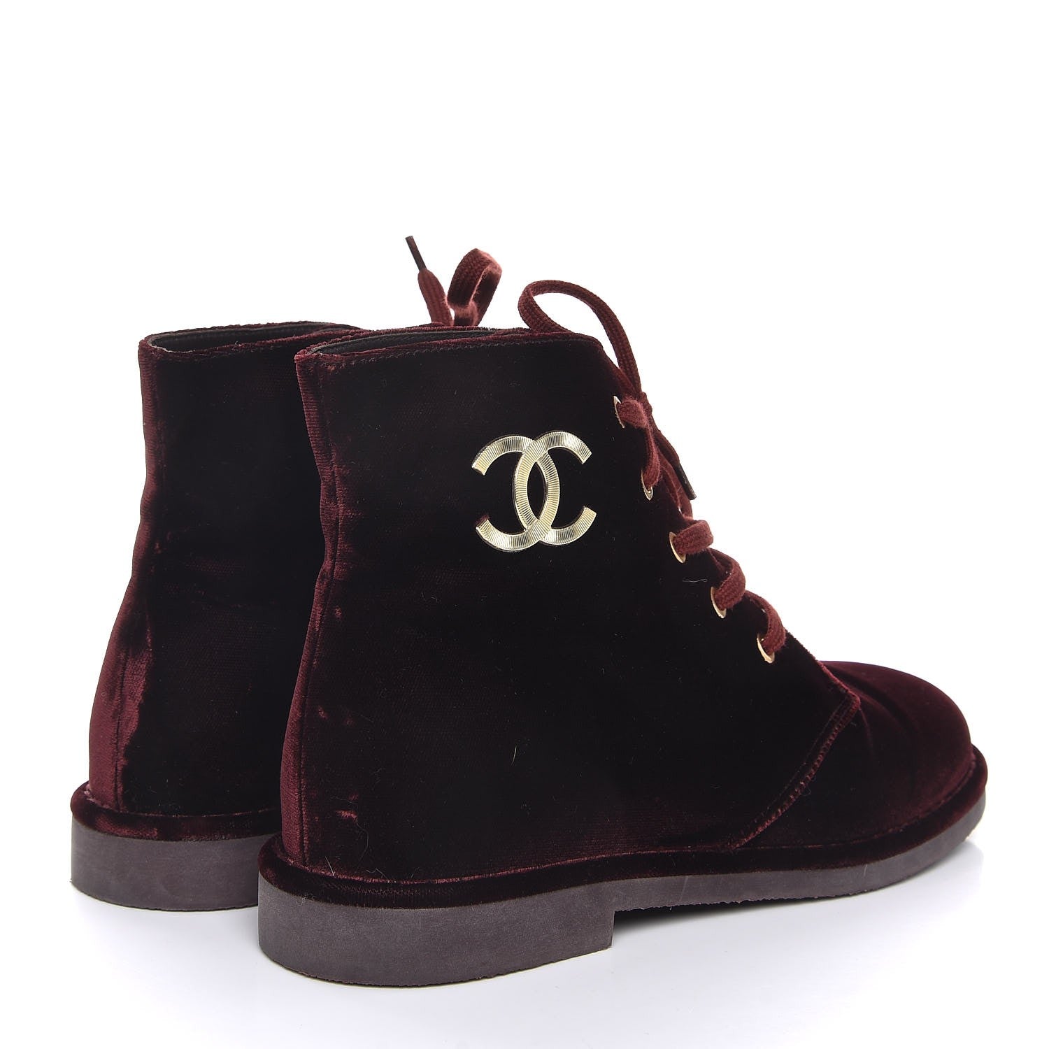 Chanel Velvet CC Lace Up Boots 38.5 Burgundy 4 of 8