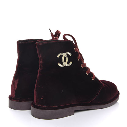 Chanel Velvet CC Lace Up Boots 38.5 Burgundy 4 of 8