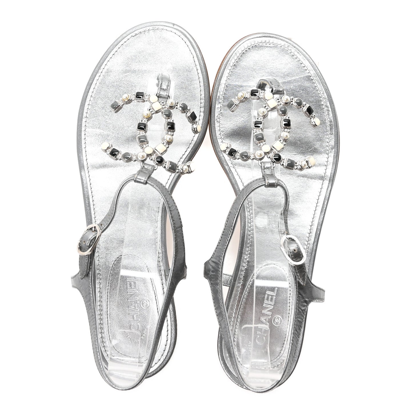 Metallized Lambskin CC Crystal Thong Sandals 38 Silver