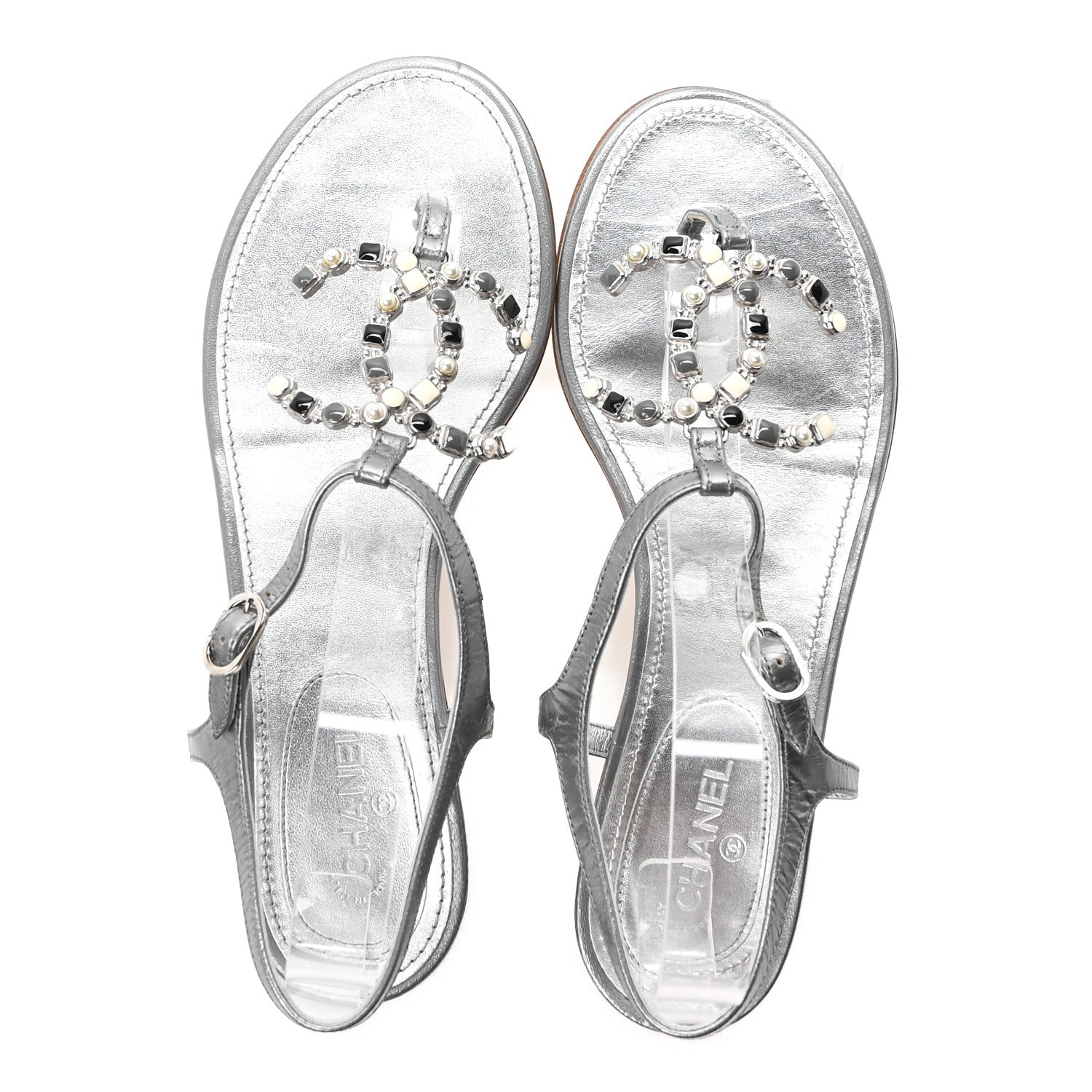 Chanel Metallized Lambskin CC Crystal Thong Sandals 38 Silver 2 of 9