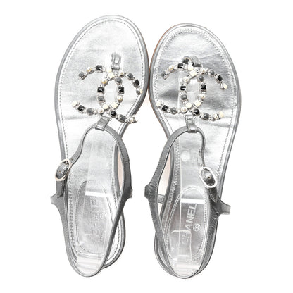 Chanel Metallized Lambskin CC Crystal Thong Sandals 38 Silver 2 of 9