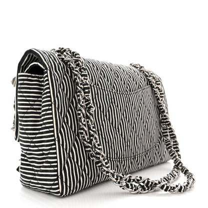 Chanel Canvas Sequin Stripe Medium Double Flap Black White 3 of 10