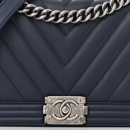 Chanel Calfskin Chevron Quilted New Medium Boy Flap Dark Navy Blue 8 of 11