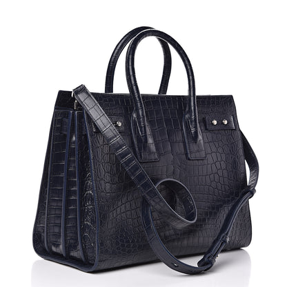 Saint Laurent Calfskin Crocodile Embossed Small Supple Sac de Jour Navy 3 of 11