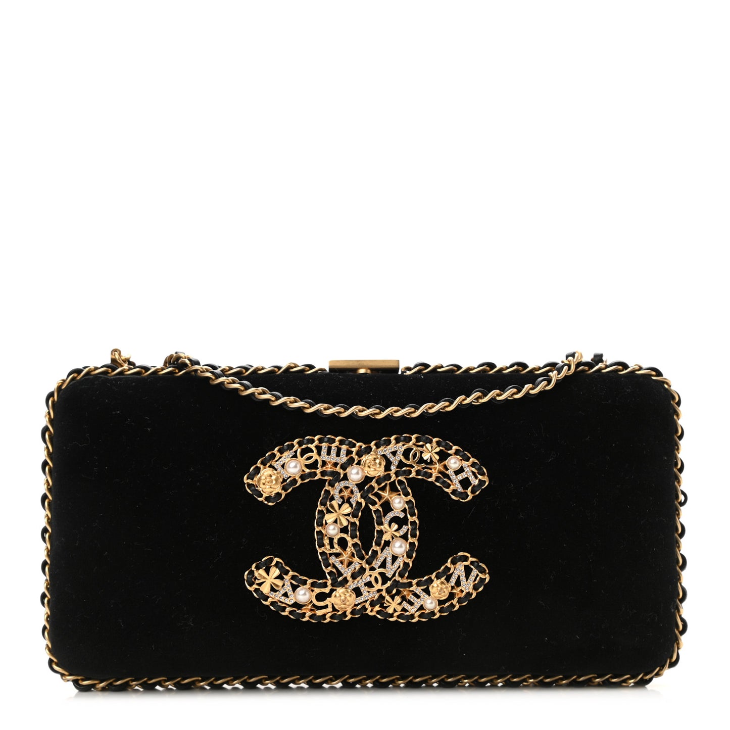 Velvet Pearl Crystal Sergeant Chain Around Evening Clutch Black Gold