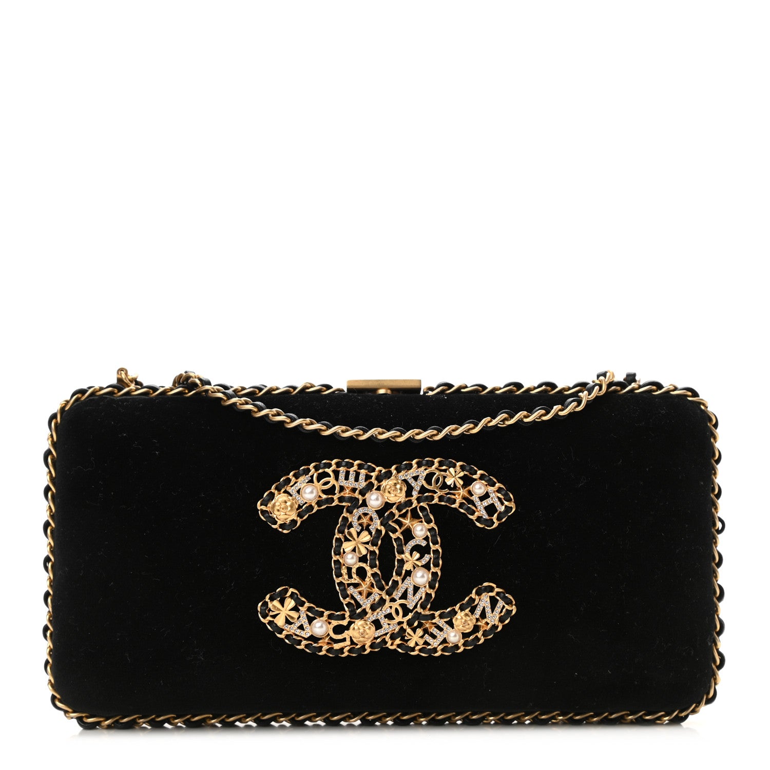 Chanel Velvet Pearl Crystal Sergeant Chain Around Evening Clutch Black Gold 1 of 10