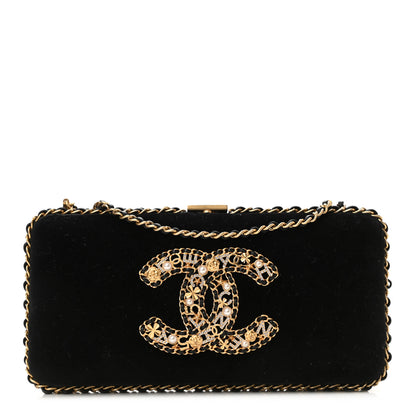 Chanel Velvet Pearl Crystal Sergeant Chain Around Evening Clutch Black Gold 1 of 10