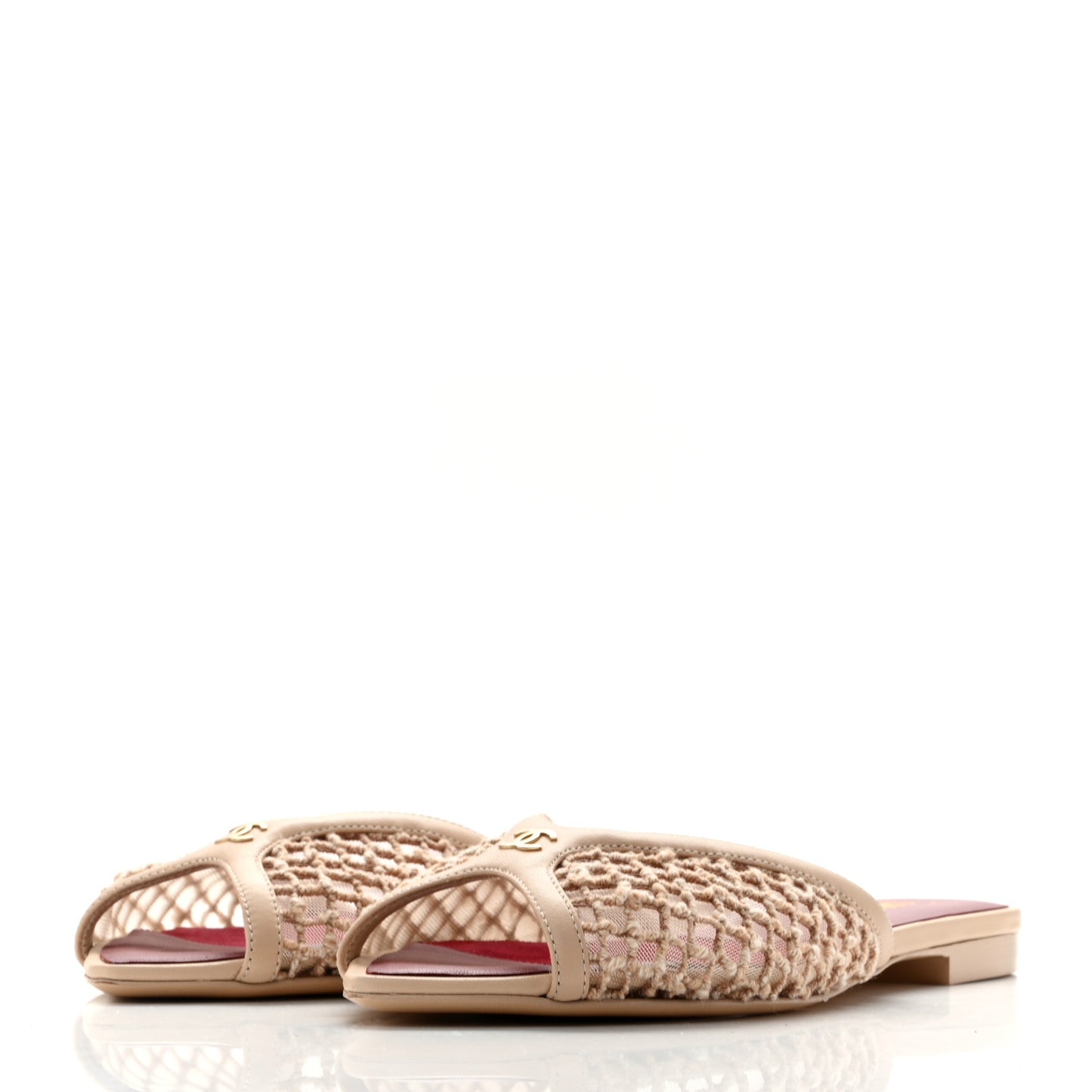 Mesh Cotton Lambskin CC Coco Beach Flat Mules 39.5 Light Beige
