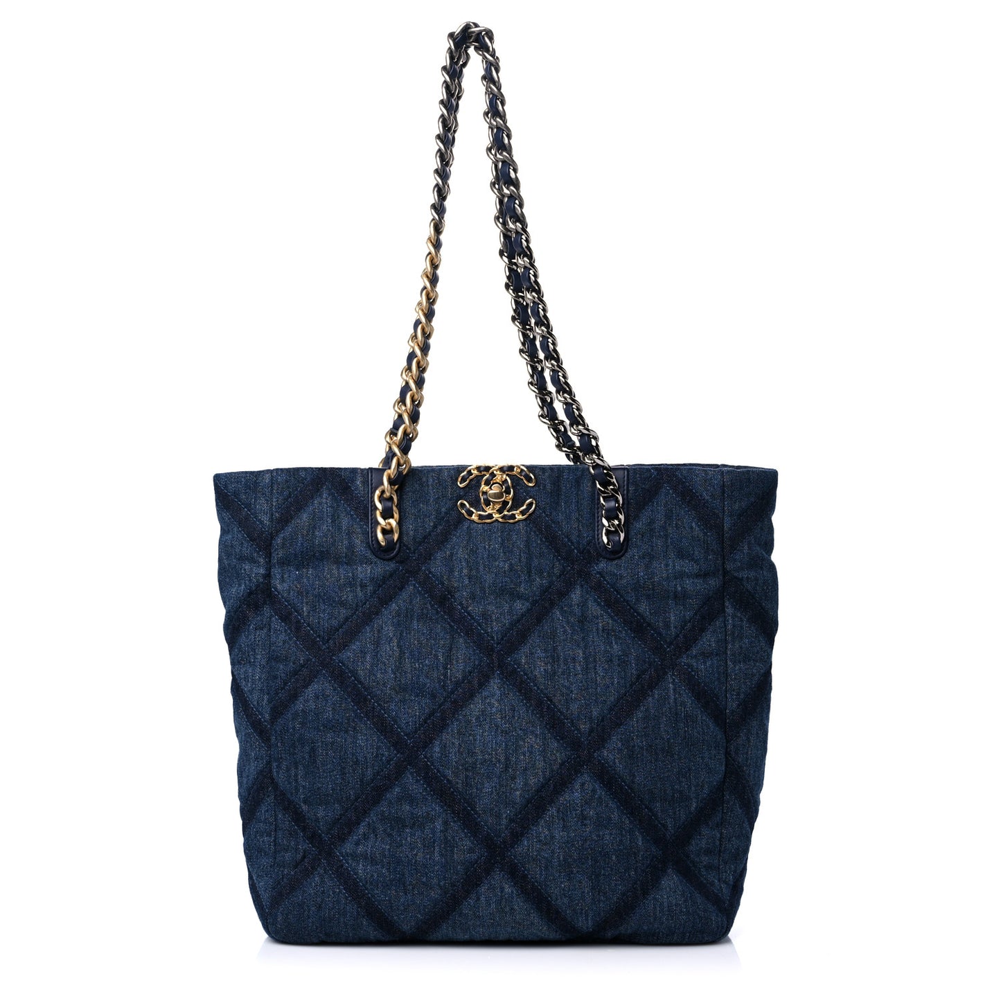 Denim Quilted Chanel 19 North South Shopping Bag Blue