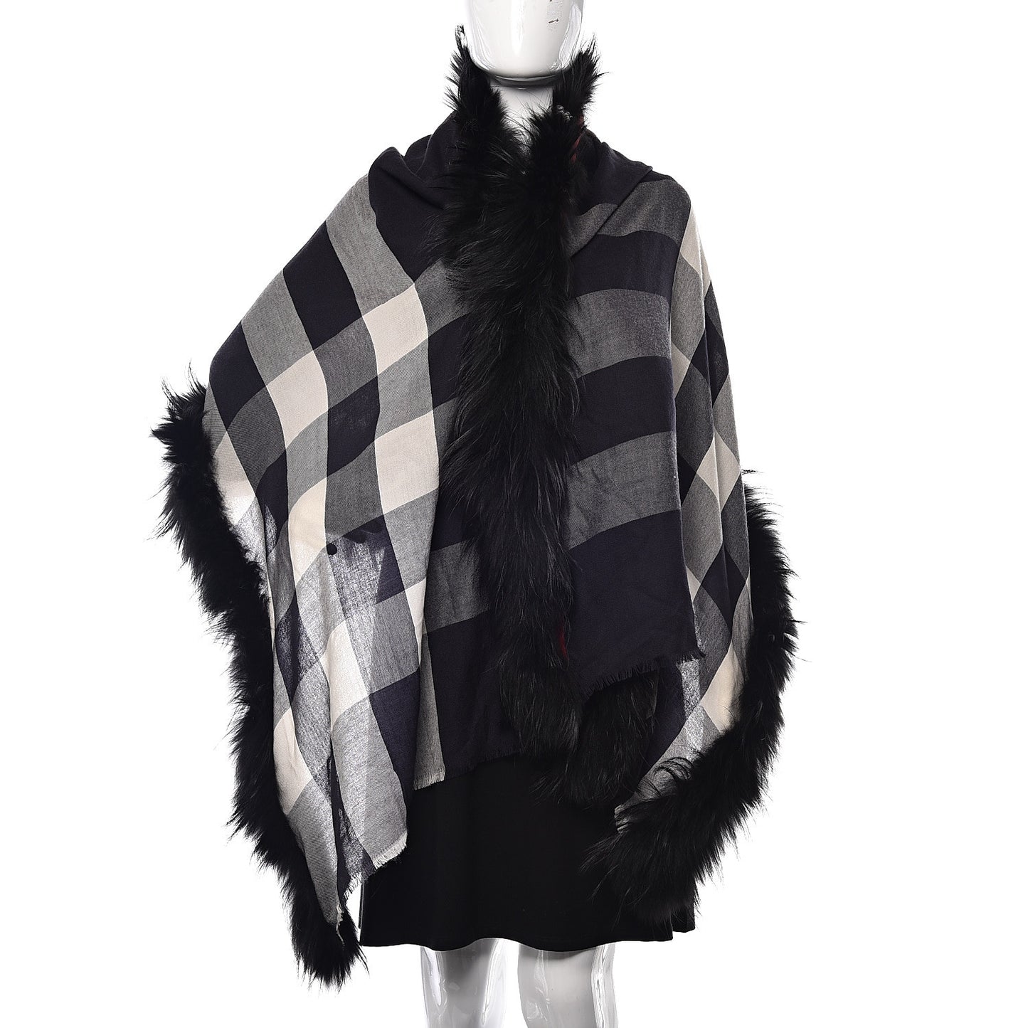 Cashmere Wool Raccoon Fur Check Print Lightweight Scarf Navy