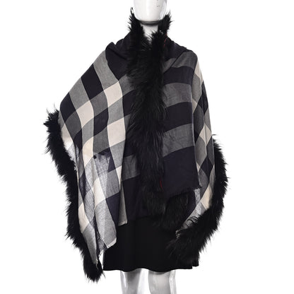 Burberry Cashmere Wool Raccoon Fur Check Print Lightweight Scarf Navy 2 of 4