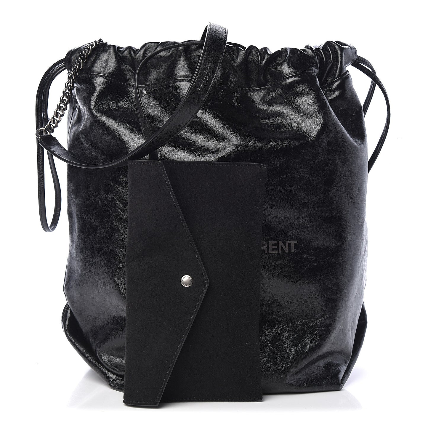 Cracked Shiny Calfskin Teddy Drawstring Bag Black