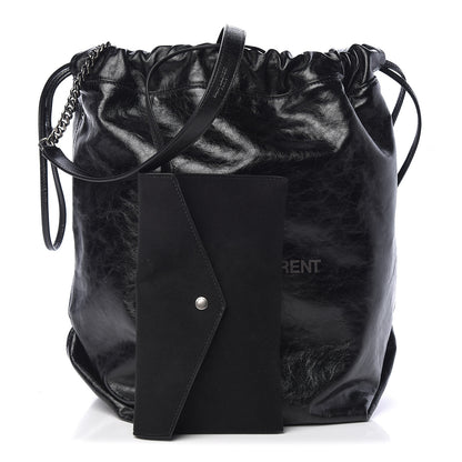 Saint Laurent Cracked Shiny Calfskin Teddy Drawstring Bag Black 1 of 9