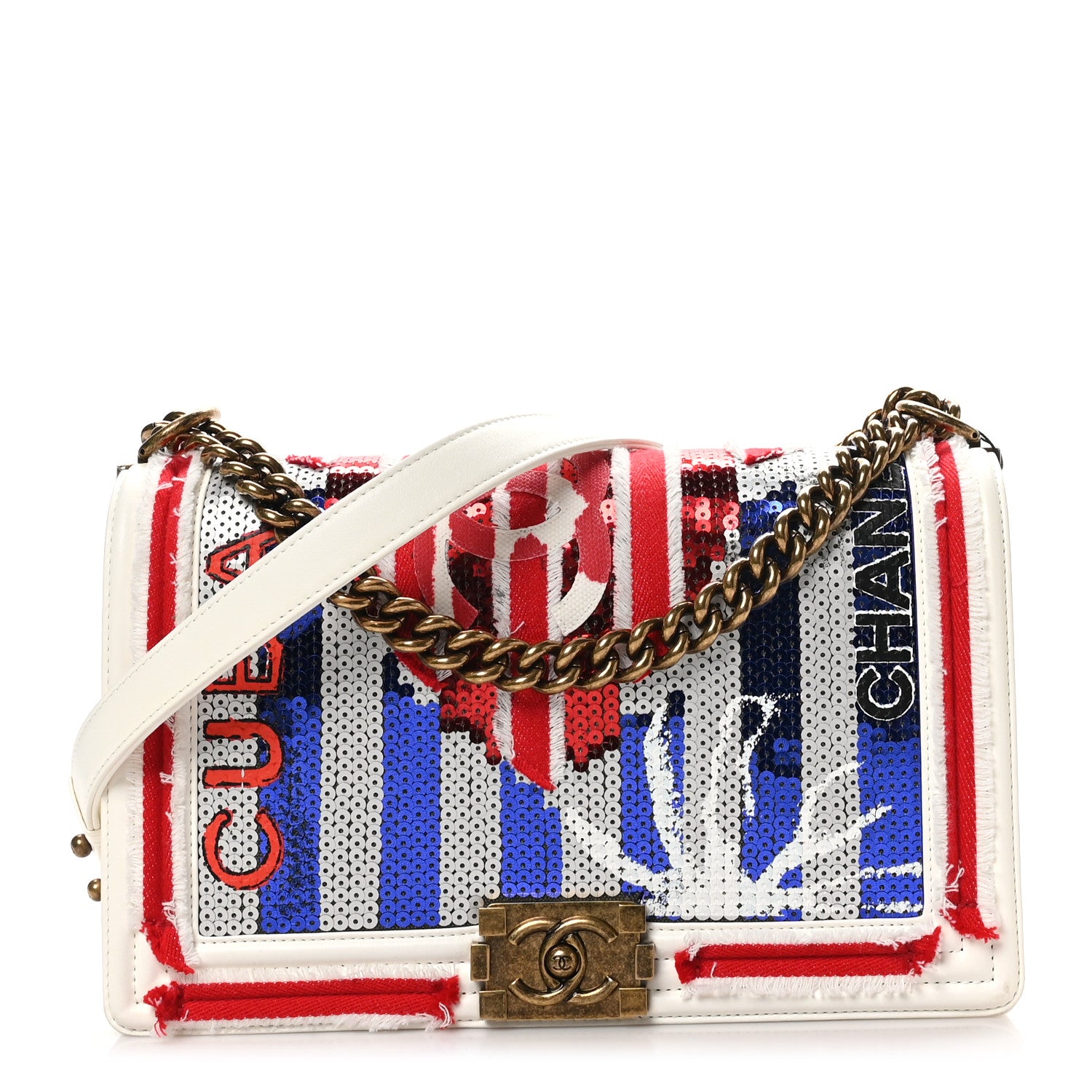 Chanel Sequin Canvas New Medium Cuba Boy Flap White Blue Red 1 of 10