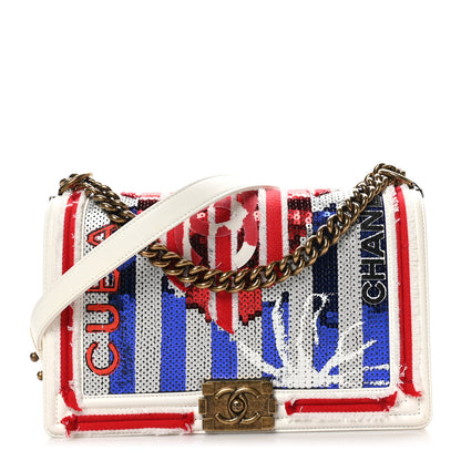 Chanel Sequin Canvas New Medium Cuba Boy Flap White Blue Red 1 of 10