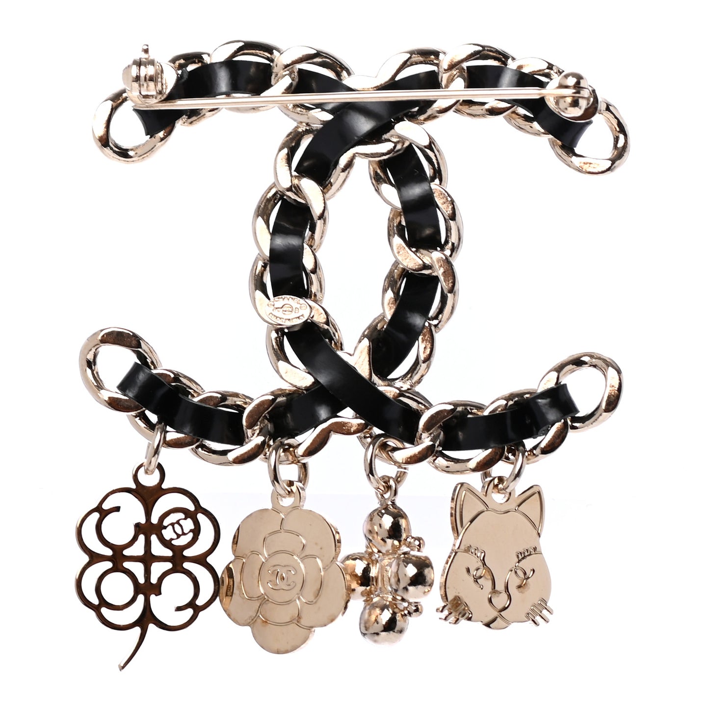 Lambskin Crystal Chain CC Charms Brooch Black Gold