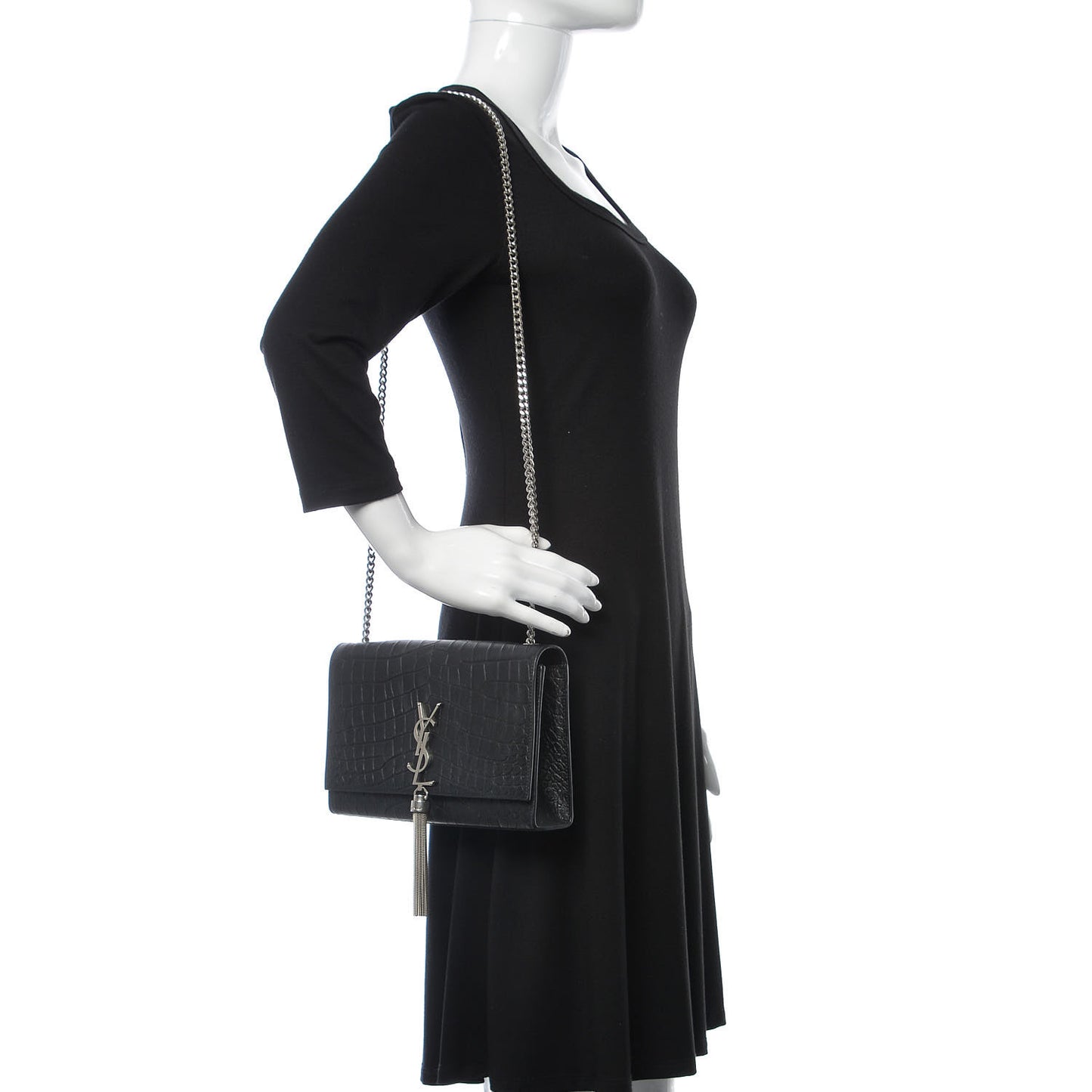 Calfskin Crocodile Embossed Medium Classic Monogram Kate Tassel Satchel Black