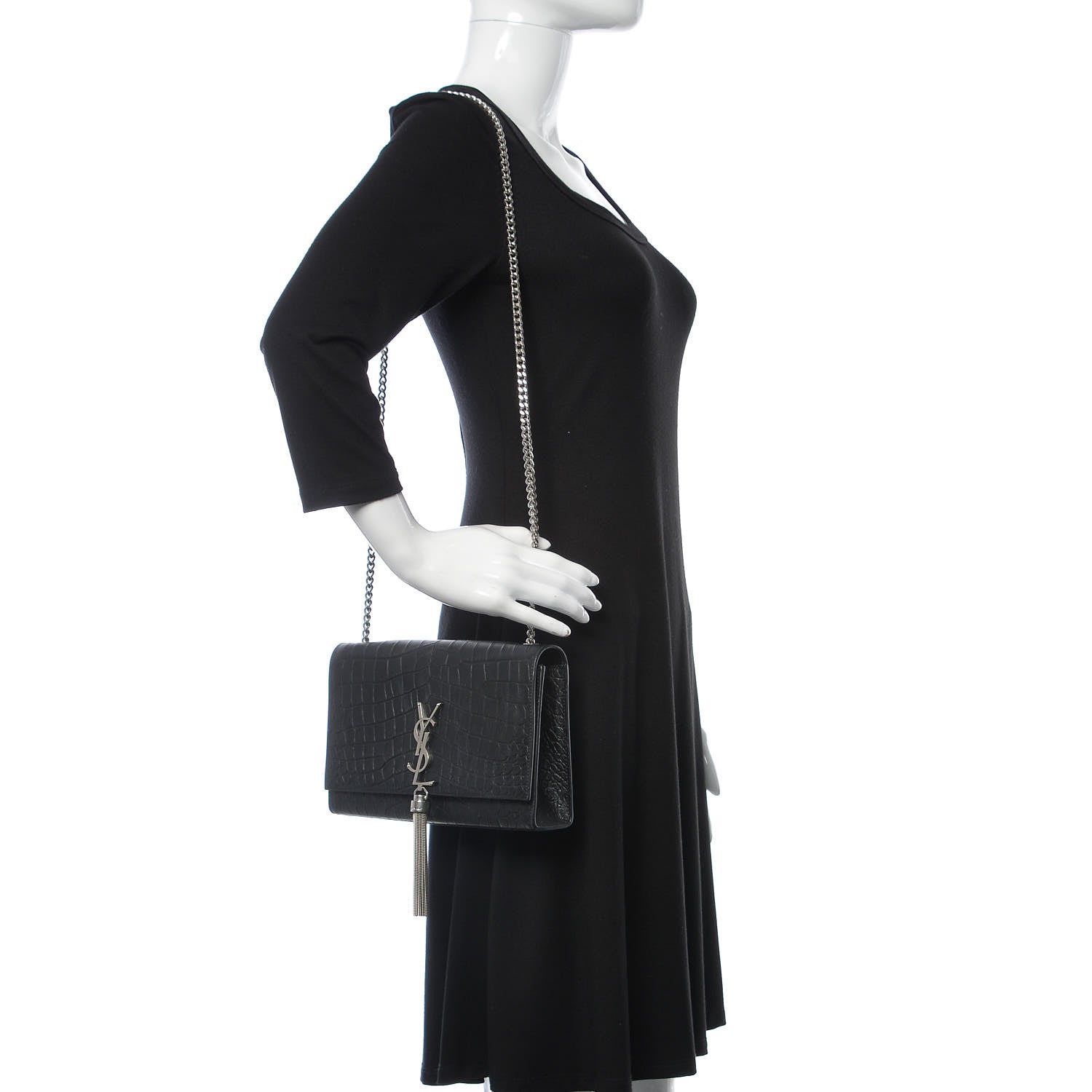 Saint Laurent Calfskin Crocodile Embossed Medium Classic Monogram Kate Tassel Satchel Black 2 of 9