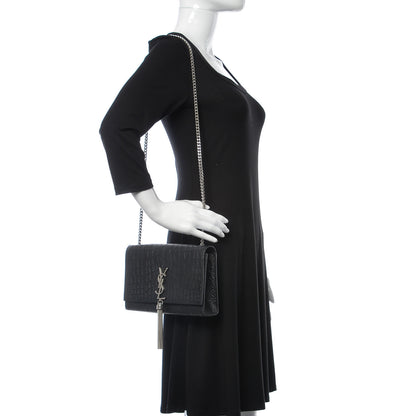 Saint Laurent Calfskin Crocodile Embossed Medium Classic Monogram Kate Tassel Satchel Black 2 of 9