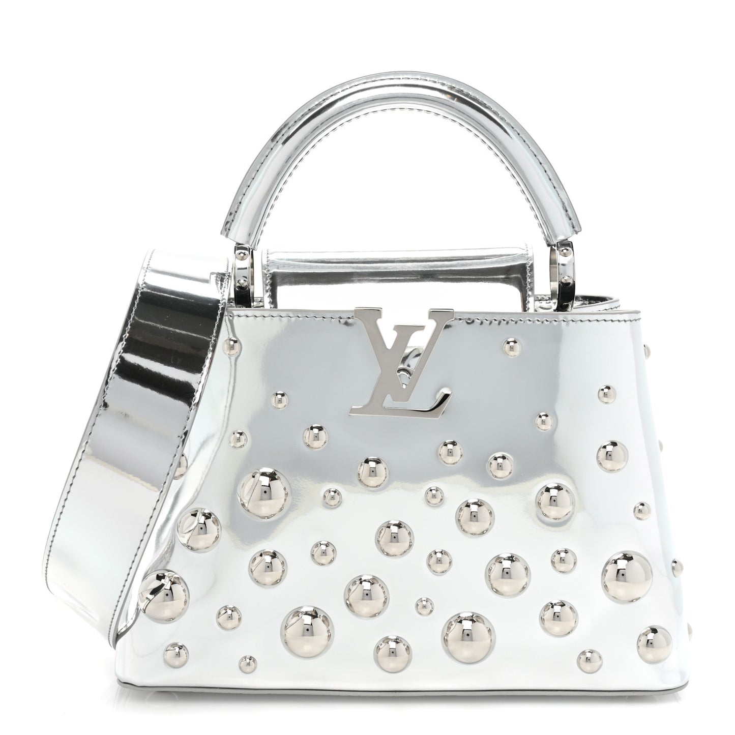 LV X YK Metallic Taurillon Brass Metal Dots Capucines BB Silver