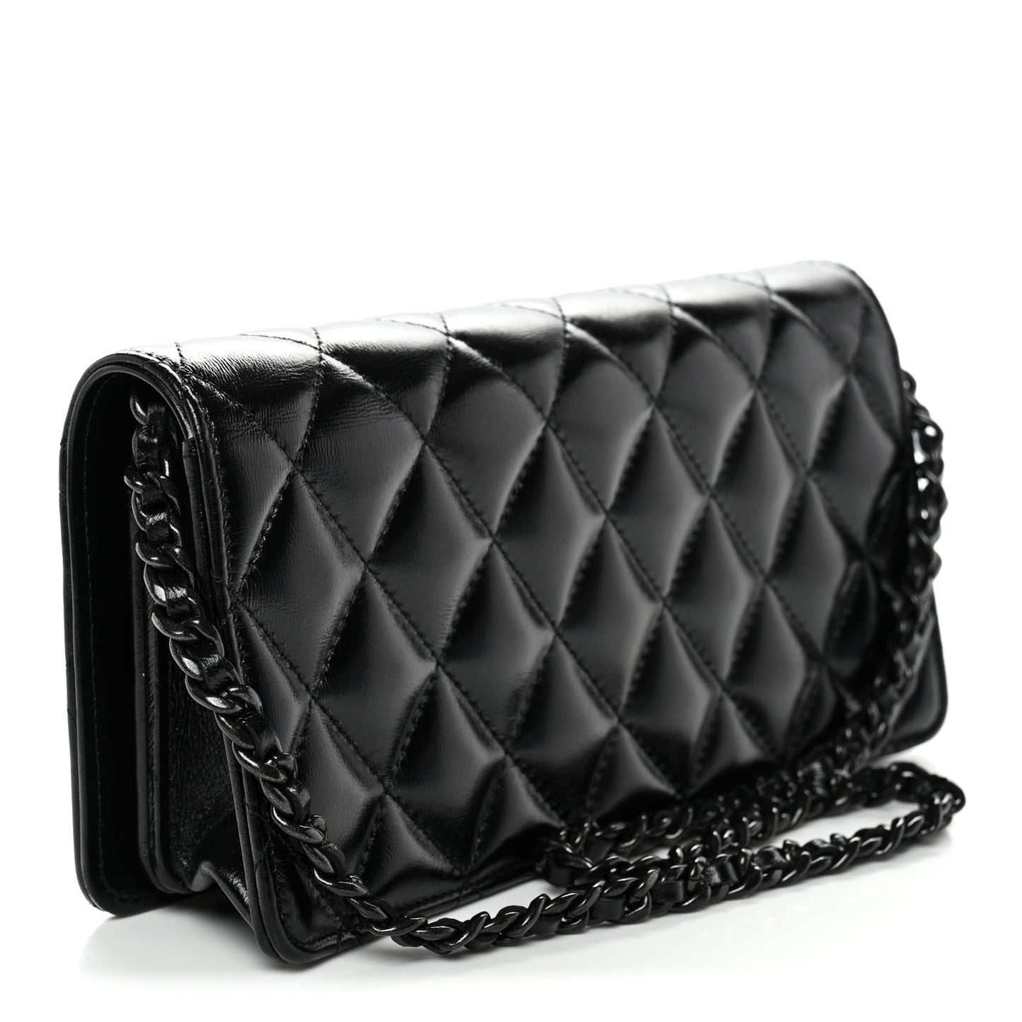 Shiny Lambskin Flap Clutch With Chain So Black