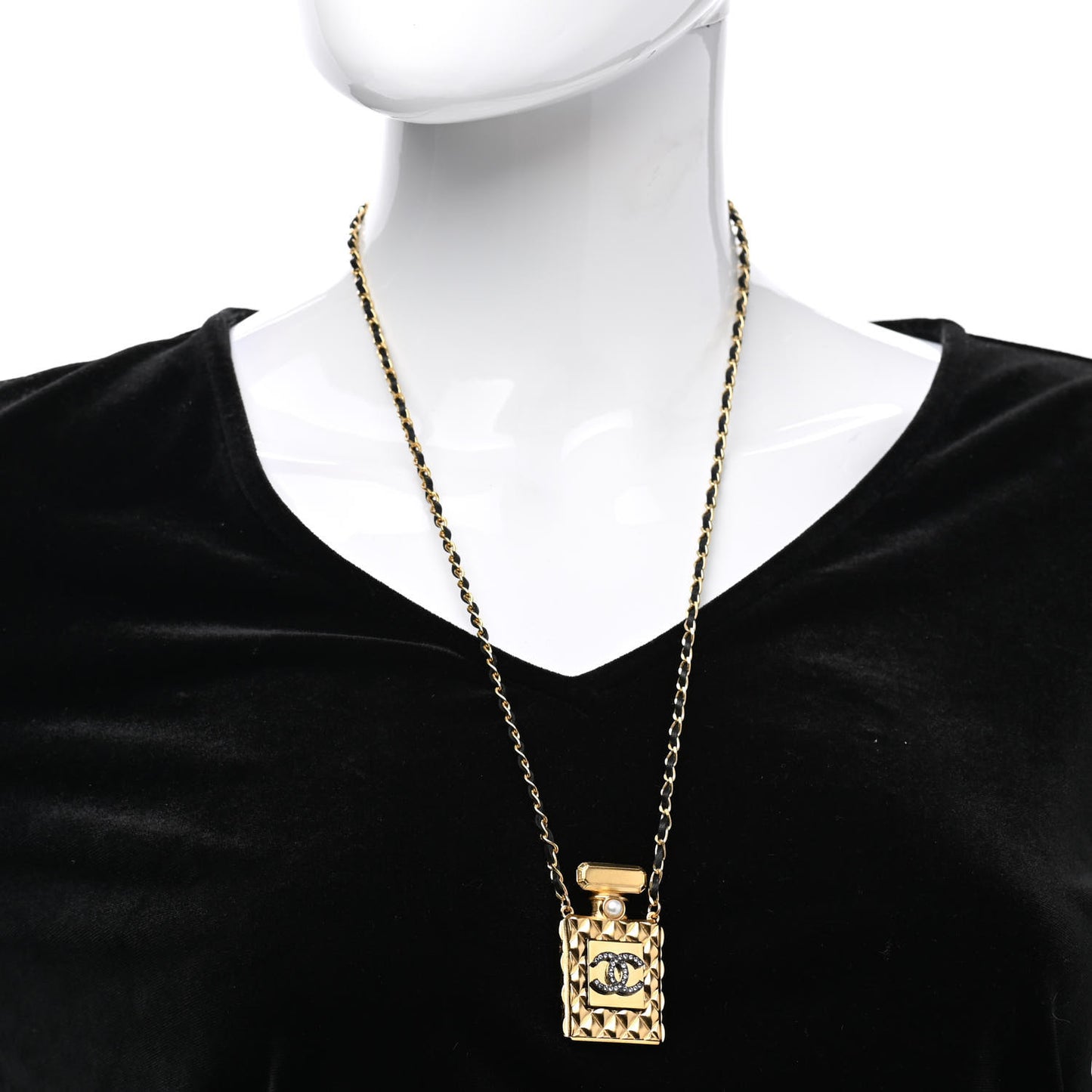 Crystal Pearl Perfume Bottle CC Necklace Black Gold
