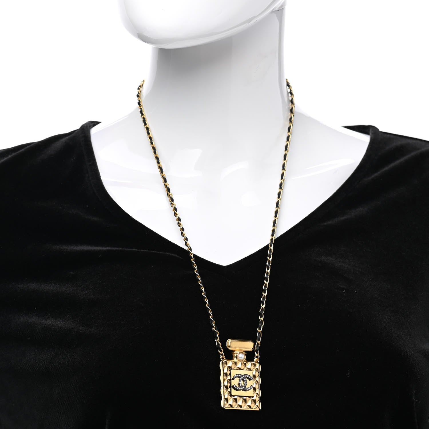 Chanel Crystal Pearl Perfume Bottle CC Necklace Black Gold 2 of 7