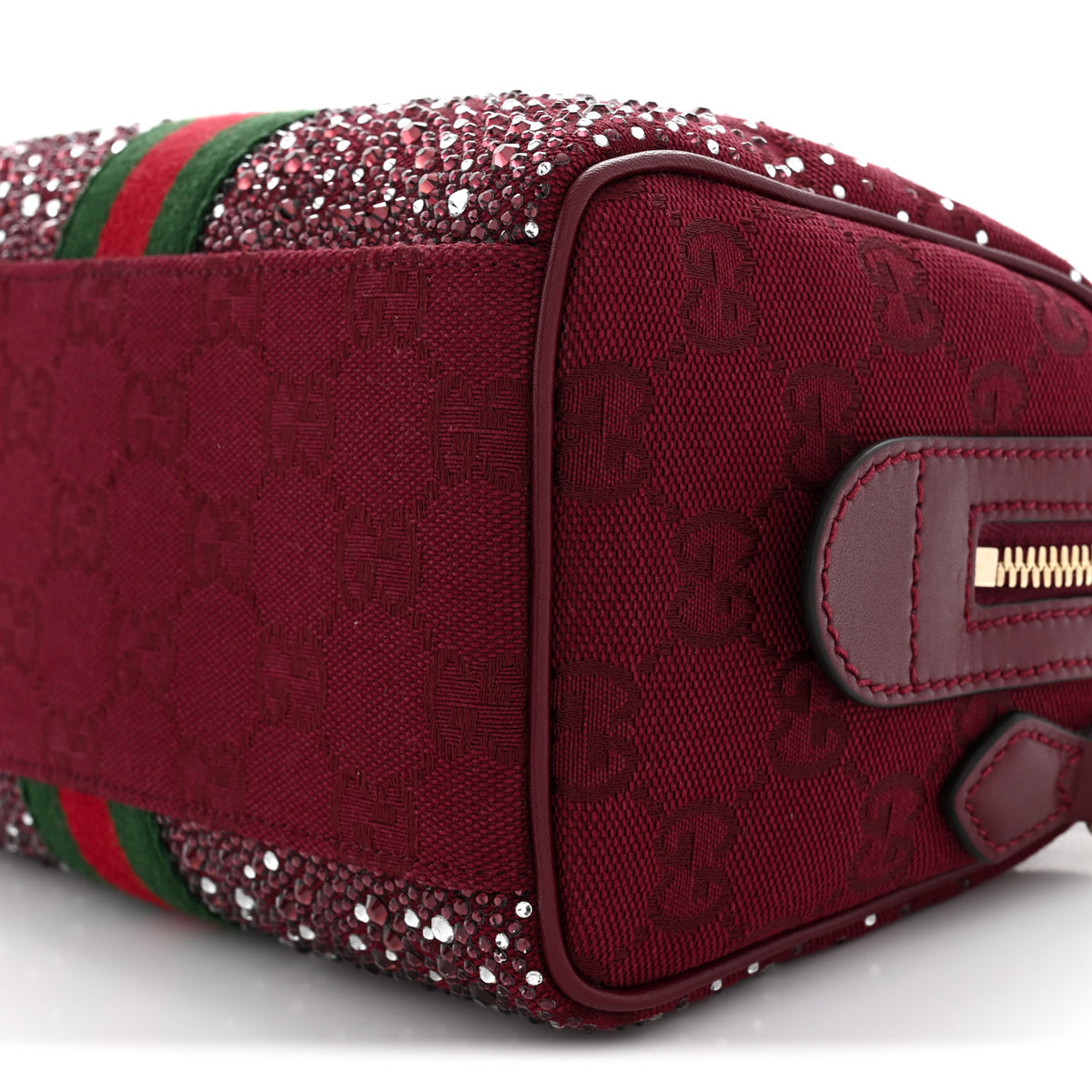 Crystal Canvas GG Monogram Textured Dollar Calfskin Web Mini Ophidia Top Handle Bowler Bag Rosso Ancora