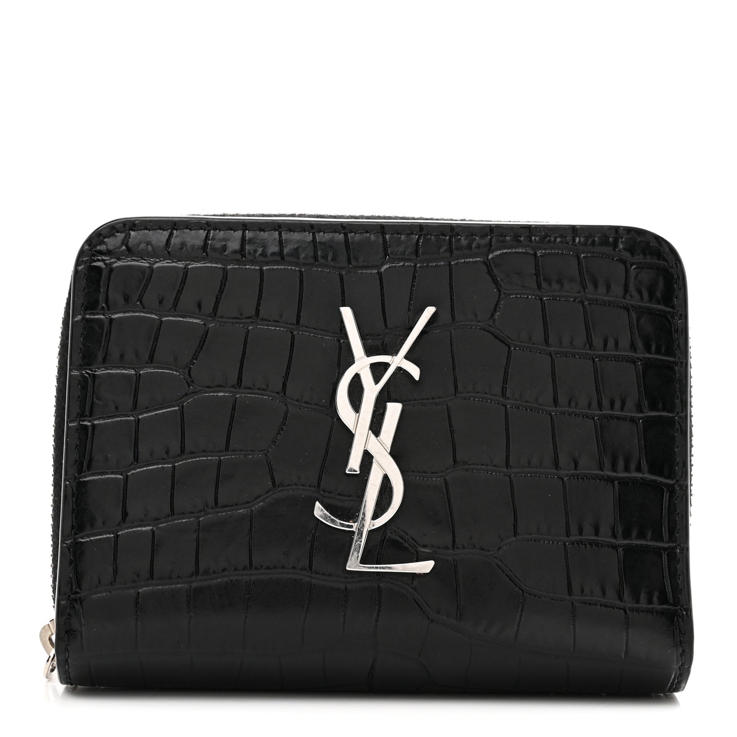 Calfskin Crocodile Embossed Monogram Compact Wallet Black