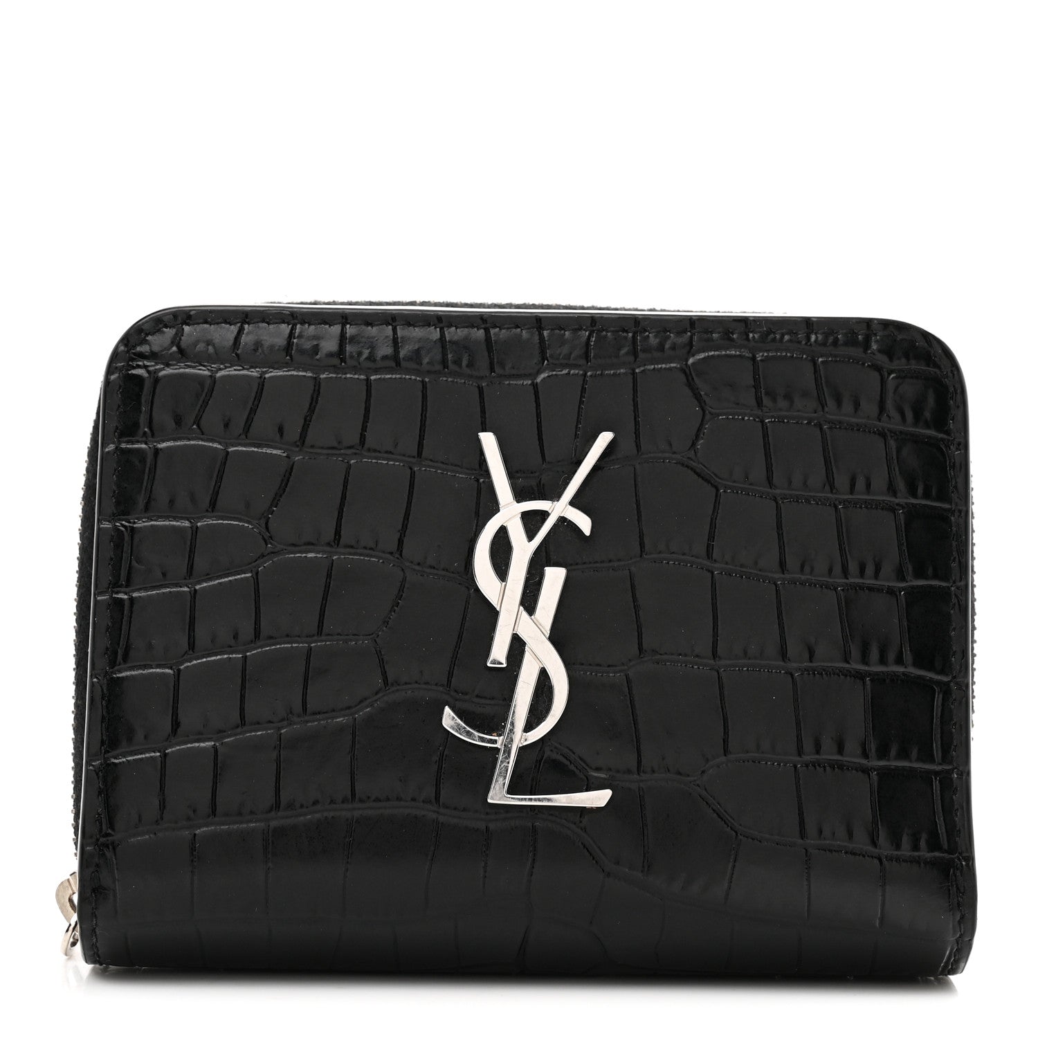 Saint Laurent Calfskin Crocodile Embossed Monogram Compact Wallet Black 1 of 7