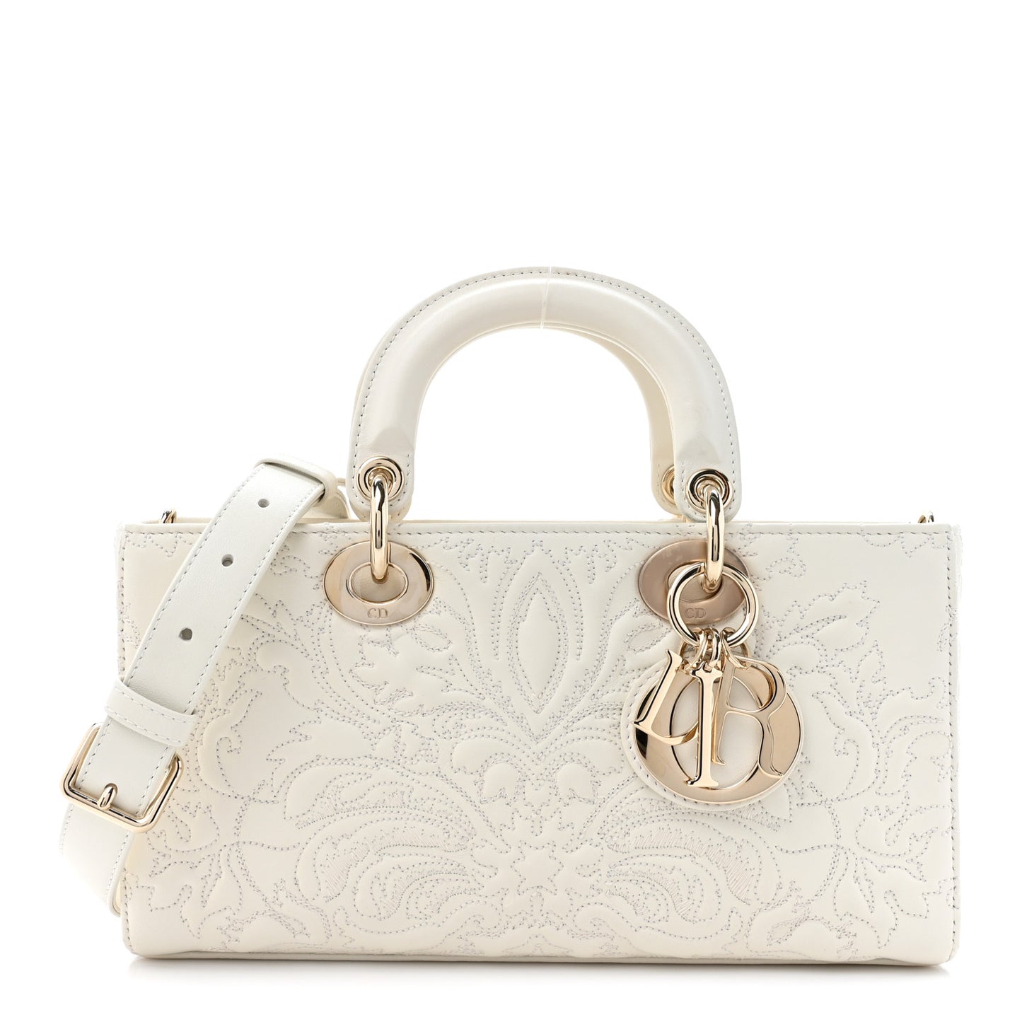 Calfskin Ornamental Embroidered Lady D-Joy White