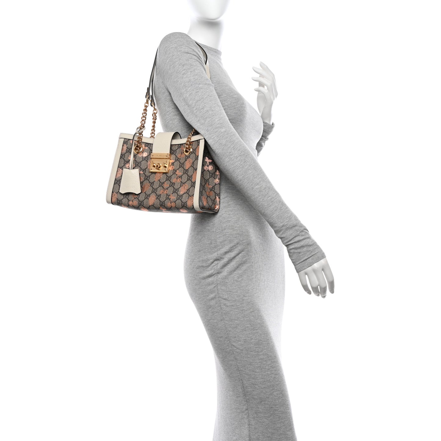 GG Supreme Monogram Berry Textured Dollar Calfskin Small Padlock Tote Beige Ebony Light Copper Mystic White