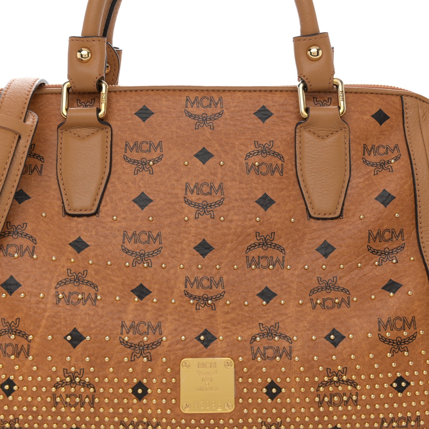Visetos Studded Boston Satchel Cognac