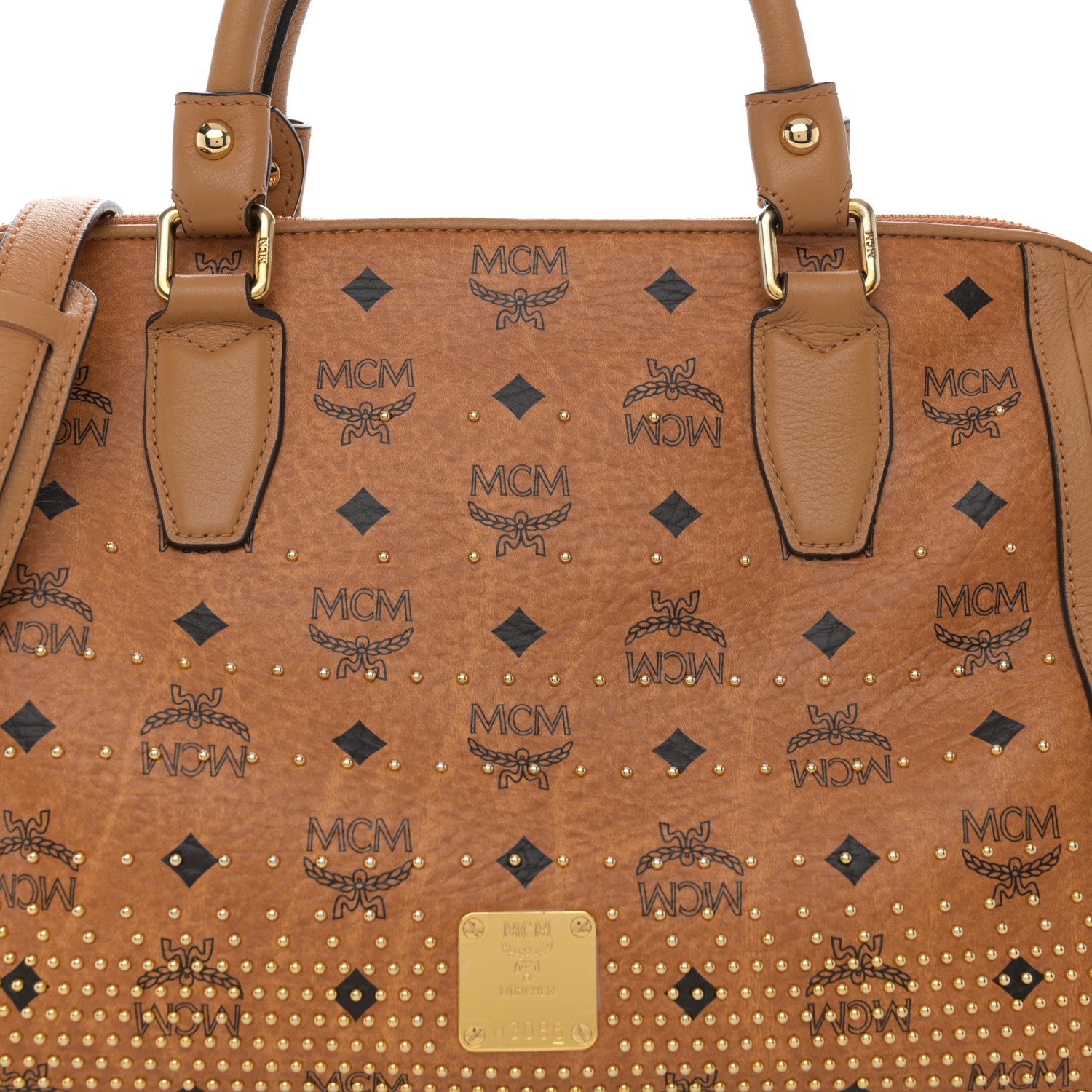 MCM Visetos Studded Boston Satchel Cognac 7 of 9
