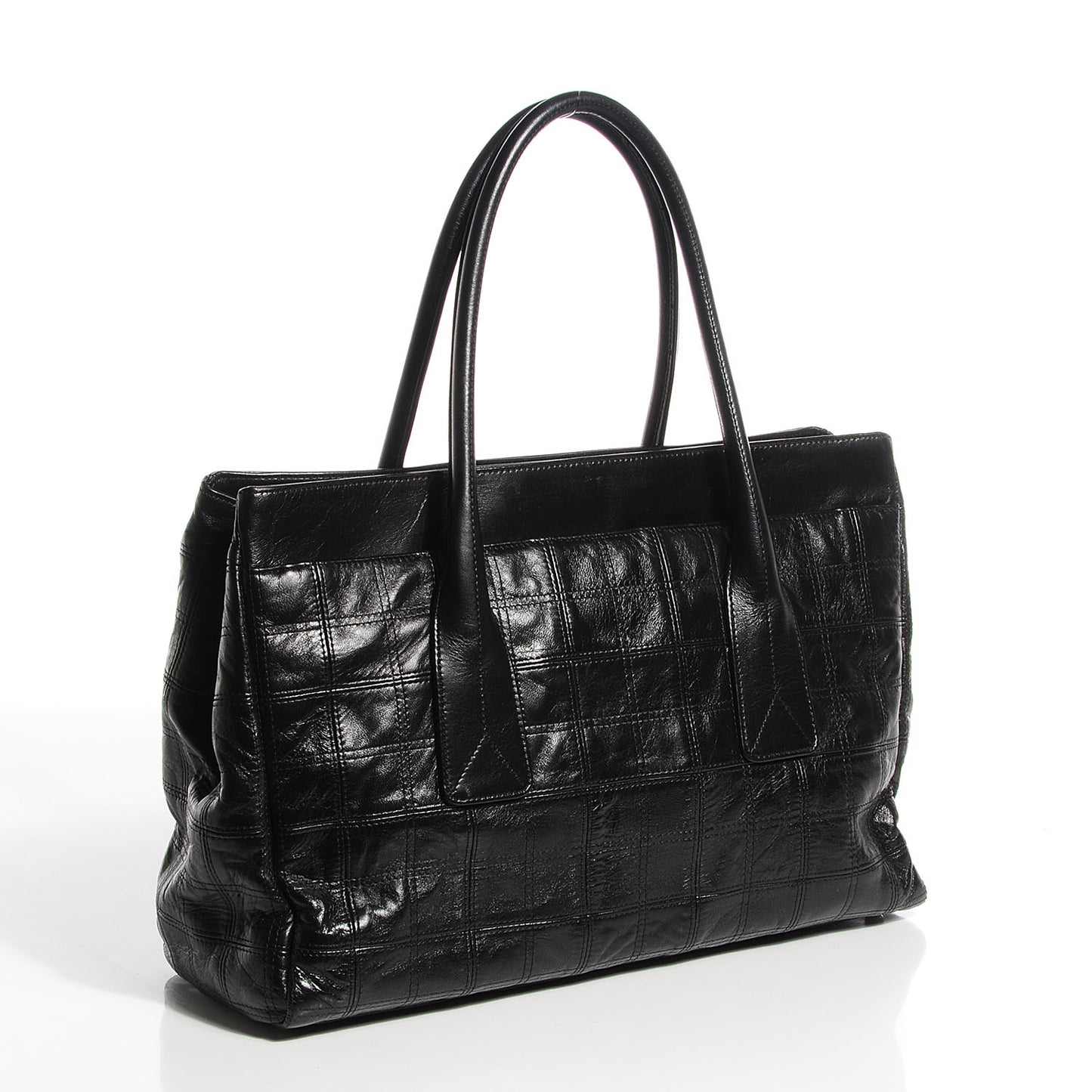 Lambskin Square Stitched Lax Shopping Tote Black