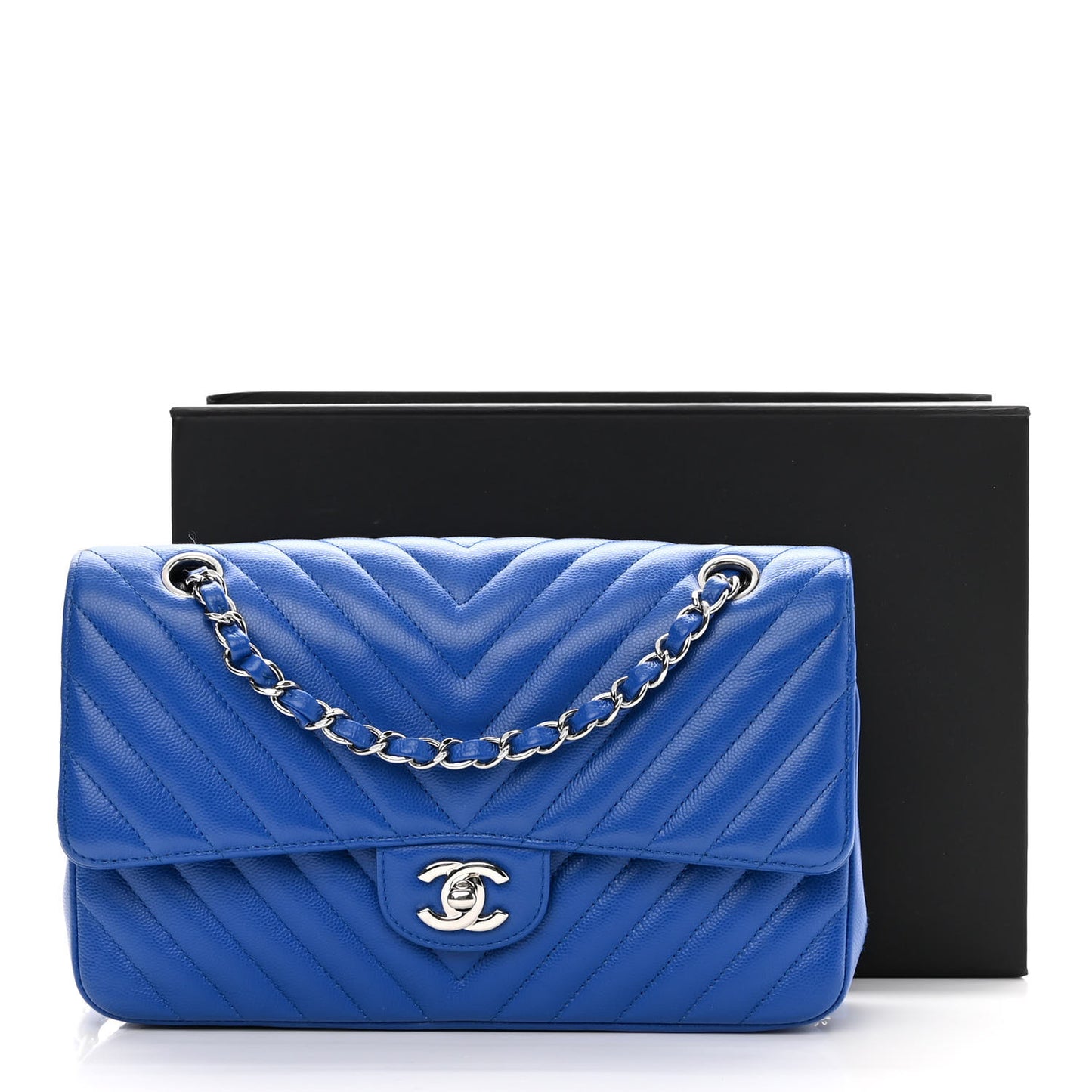 Caviar Chevron Quilted Medium Double Flap Blue