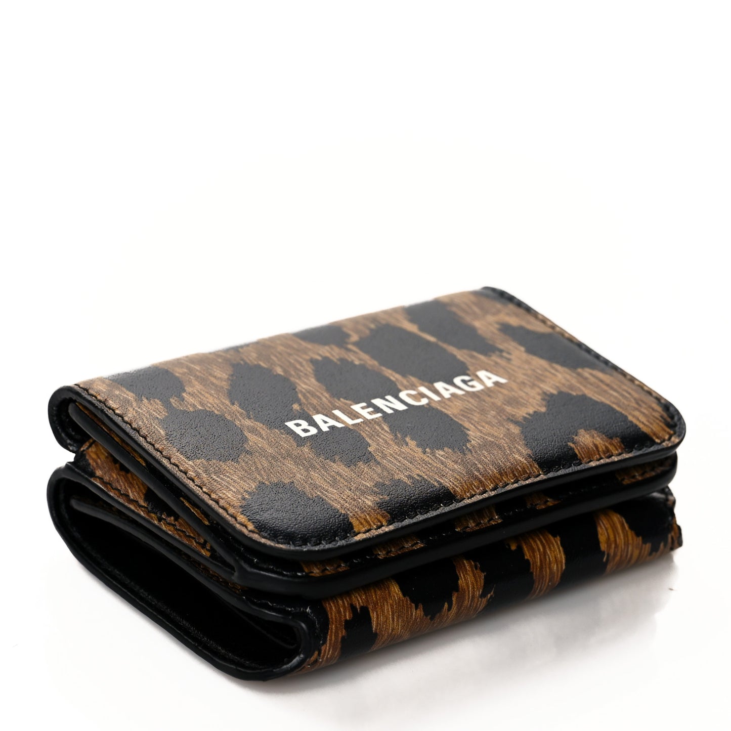 Calfskin Leopard Print Logo Everyday Mini Wallet Black