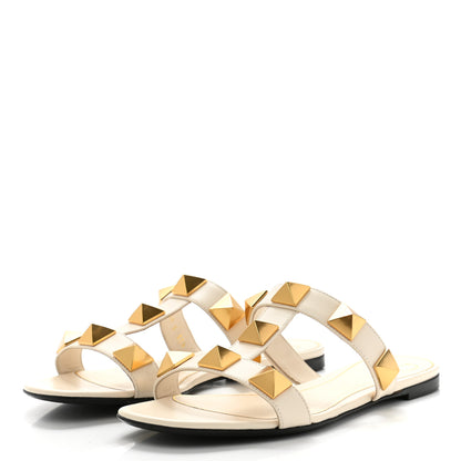 Valentino Garavani Calfskin Roman Stud Flat Slide Sandals 37.5 Light Ivory 3 of 8