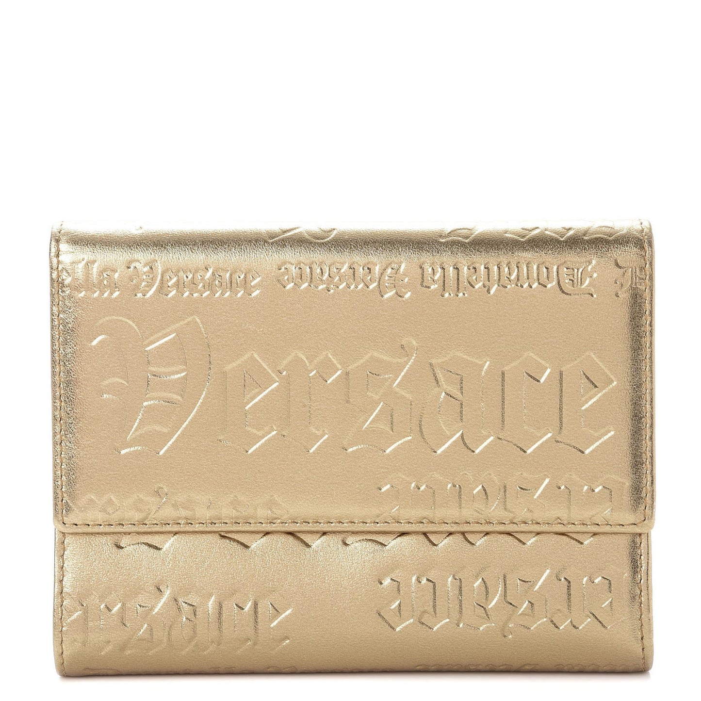 Metallic Lambskin Logo Tri-Fold Flap Wallet Gold