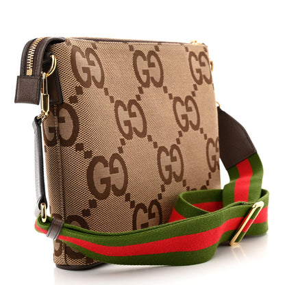 Gucci Monogram Jumbo GG Textured Dollar Calfskin Web Wristlet Messenger Bag Camel Ebony New Acero 3 of 9