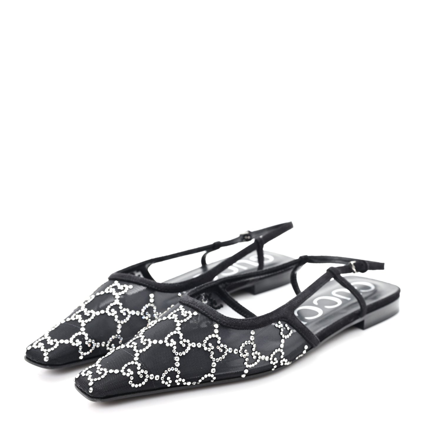 Suede Mesh Crystal GG Monogram Slingback Ballet Flats 39 Black